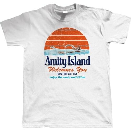 Amity Island Mens Funny T Shirt Shark Jaws Quints Retro Movie Gift for Him Dad