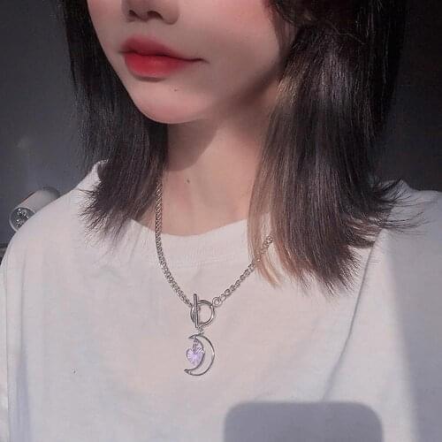 Hollow Moon Heart Crystal Kpop Harajuku Clavicle Chain OT Buckle Necklace Cool Girl Street Sweetheart Necklace Jewellery gift