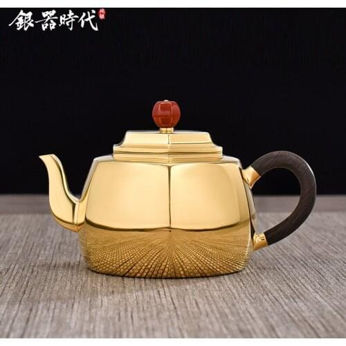 Ag999 Sterling Silver Teapot Gold Planted Kitchen Utensils Built-in Filter Handmade Coffee Tea Pot