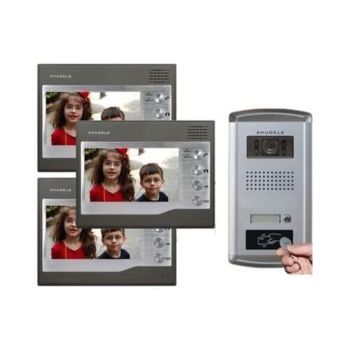 ZHUDELE Home Security Intercom System Doorbell 3X7" Video Door Phone Monitor+1X700TVL HD IR Camera w/t ID Card Unlocking functio