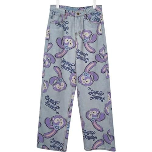 Women Jeans High Waist Loose Straight Pants Cartoon Printed Zipper Casual Female Long Trousers Large Size Mom Jeans Y2k Pants