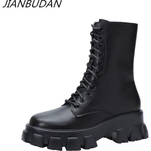 JIANBUDAN New Mid-Calf Boots Thick sole Height Increasing Womens Motorcycle Boots Microfiber Leather Autumn Winter Women boots