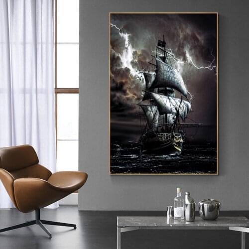 Pirate Ship At Sea Canvas Painting Black Sailboat Vintage Posters and Prints Vessel Wall Pictures Cuadros for Living Room Decor