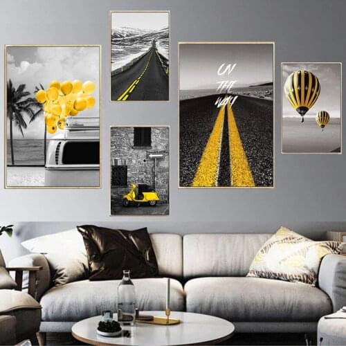 Nordic Yellow Car Street Balloon Picture Modern Abstract Decor Living Room Bedroom Wall Art Decor Canvas Painting Print Poster