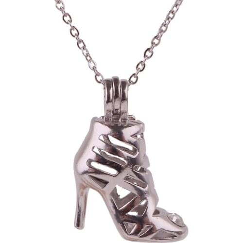 K1644 Dull Silver copper High heels shoe Bead Pearl Cage Aroma Essential Oil Diffuser Locket Necklace with stainless steel chain