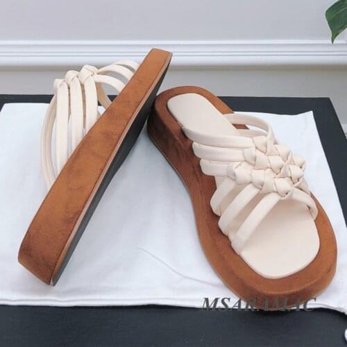 Summer beige feet long woven womens thick-soled slippers leather peep toe vacation shoes fashion all-match dress shoes