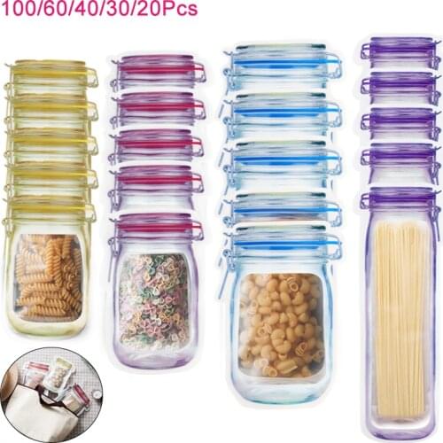Reusable Mason Jar Zipper Bags Snack Food Storage Bag Seal Fresh Zip Lock Plastic Bags Candy Nuts Cookies Kitchen Organizer
