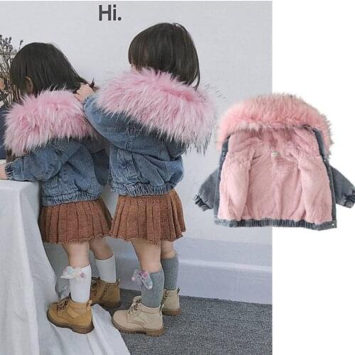 Fashion girls winter plus velvet cotton coats children denim fur collar hooded jackets toddler thicken outerwear tops 1-8Y W1110