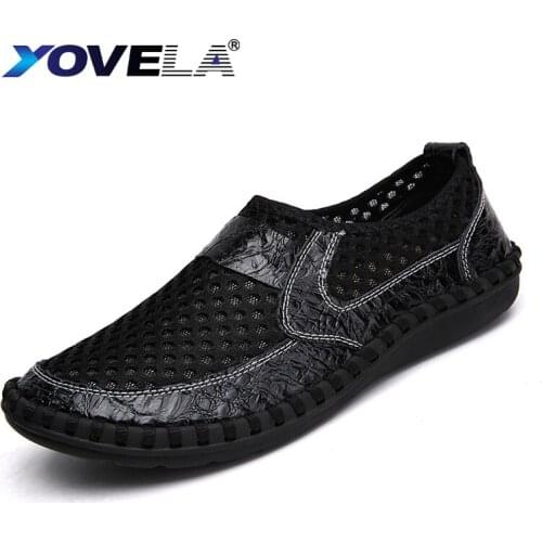Fashion Summer Mens mesh Shoes Genuine Leather Men Casual Loafers Shoes Lazy Breathable Slip Outdoor Flat Shoes Big size 38-50