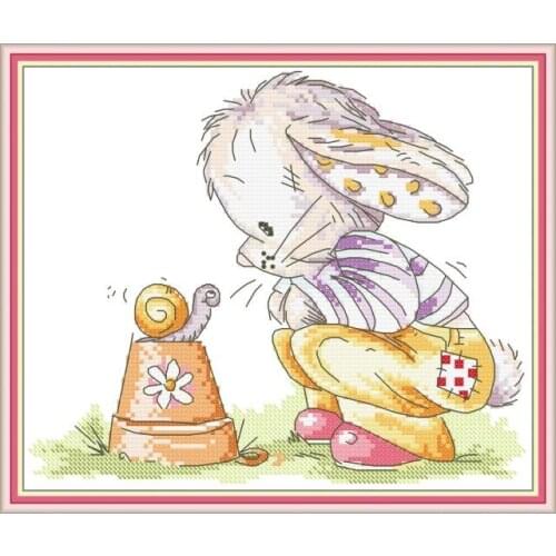 Bunny and snail cross stitch kit aida 14ct 11ct count print canvas cross stitches needlework embroidery DIY handmade