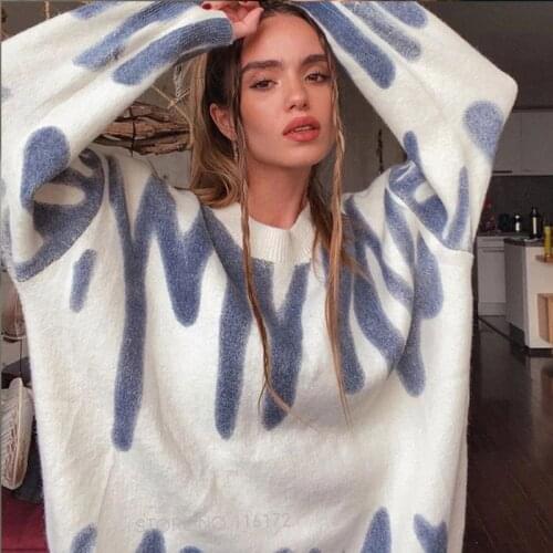 2021 Autumn Winter New Warm O-Neck Casual Tops Jumper Women Elegant Vintage Tie-Dye Print High Street Loose Sweater Knit Sweater