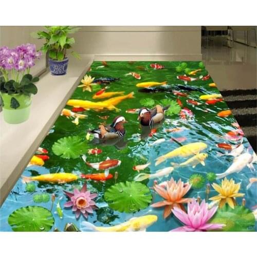 Beibehang Thick fashion self adhesive PVC wall paper lotus pond mandarin duck and fish bedroom 3D floor wallpaper for walls 3 d