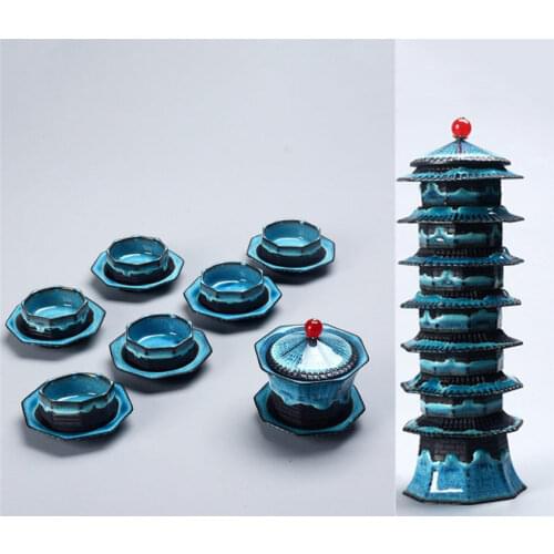 Eight Pagodas Travel China Kung Fu Tea Set with infuser Pagoda Portable Teapot Gaiwan Kettle Drinkware for Outdoor Camping Gift