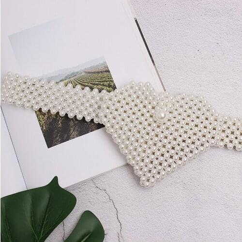 Womens runway fashion pearl knitted elastic heart Cummerbunds female Dress Corsets Waistband Belts decoration wide belt TB1301