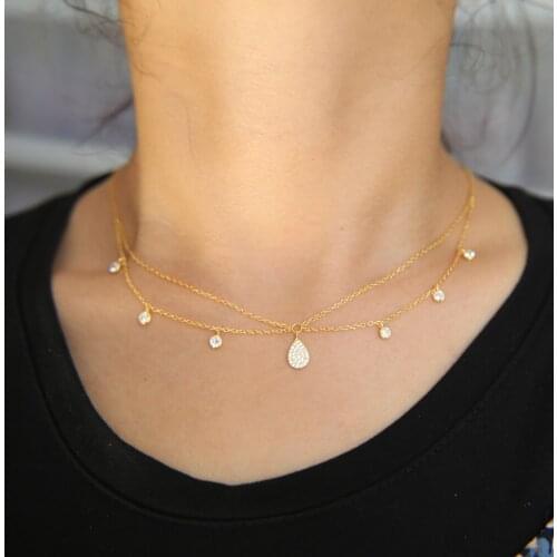 Gold filled fashion jewelry copper brass micro pave white AAA CZ stone double layer multi layer women choker charm necklace
