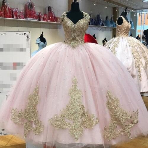 Pink And Gold Quinceanera Dresses Ball Gown Prom Cheap 2021 Applique Beaded Sweetheart Lace-Up Tulle Sweet 16 Dress Party Formal