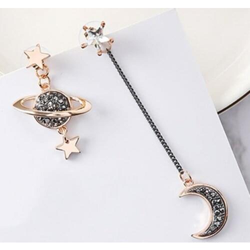 Korean Jewelry Blue Star Moon Long Stud Earings For Women Asymmetric Round Planet Earring Drop Pendientes Tassel Brinco