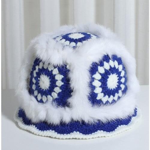 2021 New Panama women fashion Real rabbit fur hats pure cotton Winter hat foldable Hollow Crochet Knitting Bucket hat