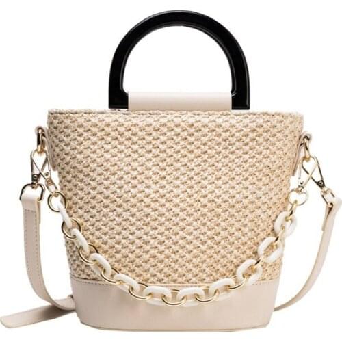 Straw Bags for WomenTote Bucket Bag 2021 Summer Woven PU Leather Shoulder Bag Travel Vacation Womens Designer Totes Chain Purse