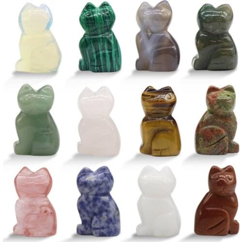 Wholesale Mix 12X Gemstones Cat Figurine Statue Hand Carved Lucky Cat Collectible Figurine Natural Stone Ornaments Statue