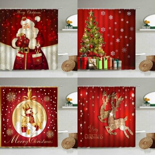 Merry Christmas Xmas Shower Curtain Red New Year Theme Bathroom Santa Claus Christmas Tree Elk Snowflake Pattern Screen Washable