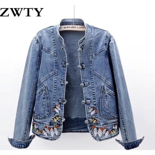 ZWTY Vintage Women Jacket 2021 Autumn Winter Denim Jackets Washed Blue Jeans Coat Turn-Down Collar Outwear Embroidery Jacket