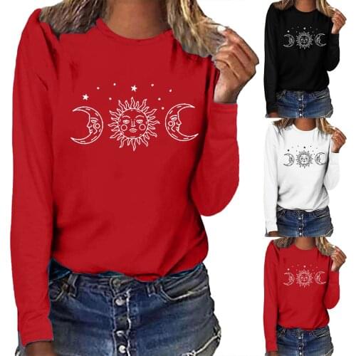 Women Casual Long Sleeve Round Neck Sun Face Moon Printing T-shirt Solid Color Blouse Top Daily All-match Girls T-shirt Top