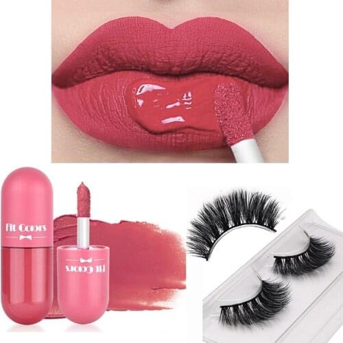2PCS Makeup Velvet Matte Lip Gloss Long Lasting Moisturizing Capsule Jelly Lip Gloss Plumper Sexy Lipsticks With False Eyelashes