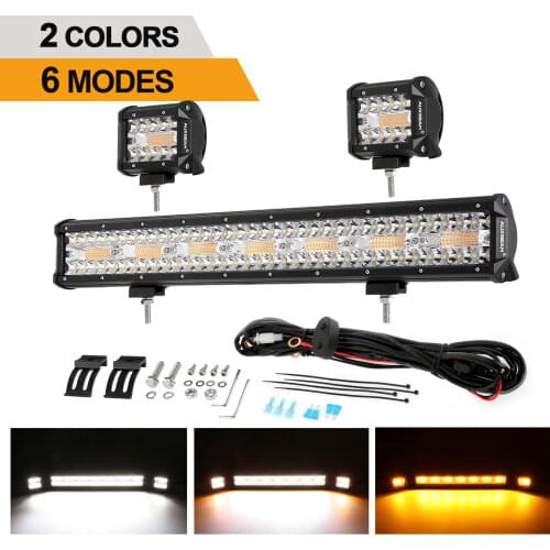 4 inch LED Work Light + 20 inch Light Bar 6 Modes Amber White Memory Function Off Road Fog Driving Lamp with Wiring Harness Kit