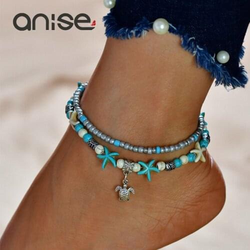 Anise Bohemian Sea Turtles Imitation Pearls Starfish Anklets Women Vintage Multiple Layers Beach Anklet Bracelet Female Jewelry
