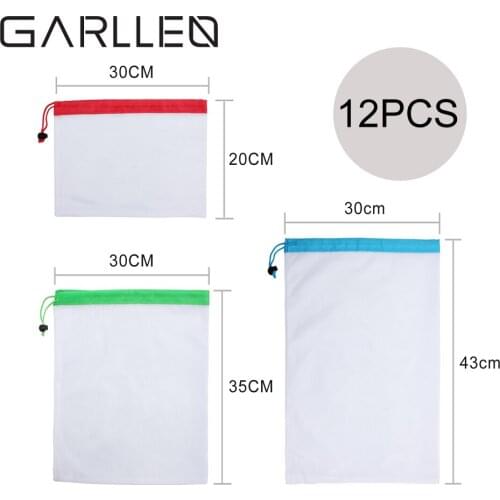 GARLLEN 12pc 3 Size/Color Mesh Bag Reusable Washable Environmentally Friendly Storage Pouch For Packing Vegetable Fruit Toy