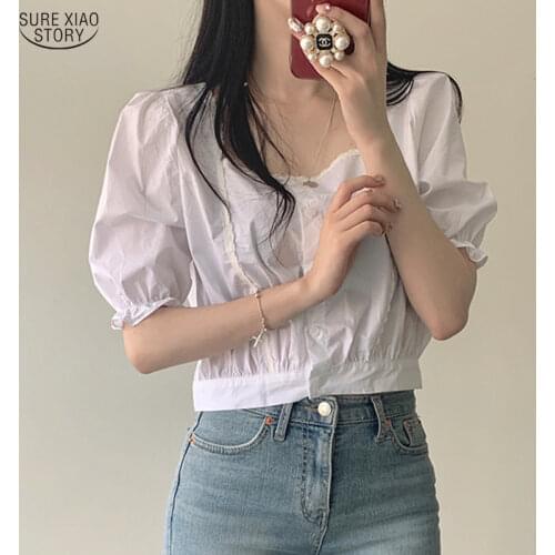 Korean Puff Sleeve Short Tops Blusas Mujer De Moda 2021 Chic Blouse Solid Short Sleeve Sweet Womans White Shirt 10099