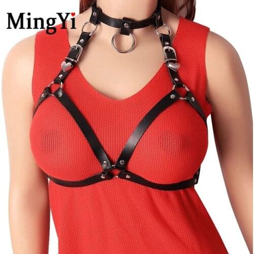 Leather Harness Bra Lingerie Punk Body Belt Cothic O-Ring Collar Choker Open Bra Tops Bdsm Sexy Chest Bondage Harness Club Wear