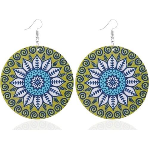 Circular Flower Printed Wooden Earrings European and American Hot Selling Fashion Trend Womens Ear Jewelry Manufacturers JY5417