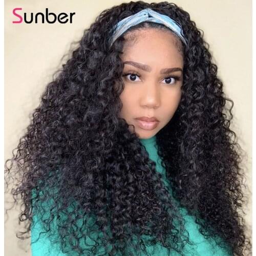 Curly Headband Wig for Women Sassy Curl Brazilian Human Hair Wig Glueless Sunber Hair Jerry Curl Headband Scarf Wig Put On & Go