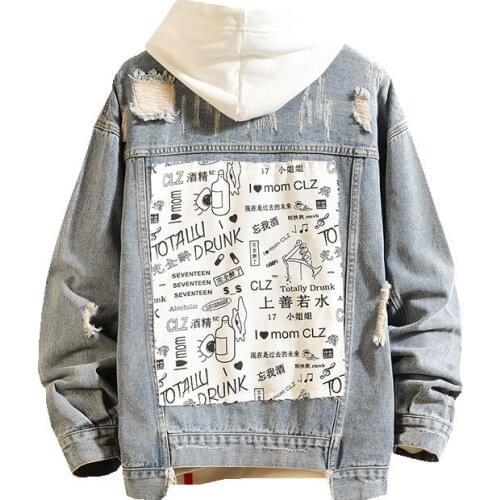 MORUANCLE Man Fashion Hi Street Ripped Denim Trucker Jacket Streetwear Printed Ripped Jeans Outerwear Tops Washed Blue Big Size