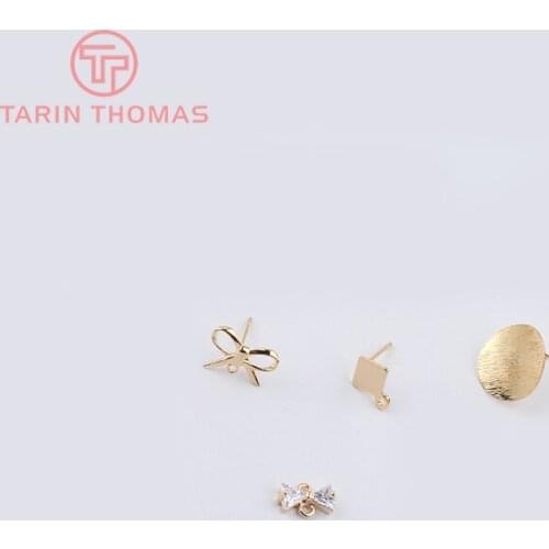 10PCS 24K Gold Color Plated Brass Bow Round Stud Earrings for DIY Jewelry Making Findings