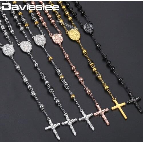 Davieslee Mens Necklacce Chain Sliver Gold Tone Bead Chain Crown Rosary Jesus Cross Pendant Stainless Steel 4/6/8mm LKN378