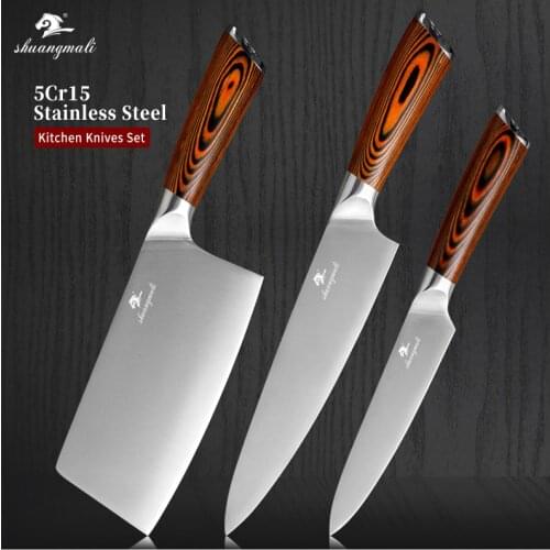 Shuangmali 3PCS Wood Handle Kitchen Knife Set High Carbon Stainless Steel Utility Chef Knives Chinese Slicing Cleaver Knife