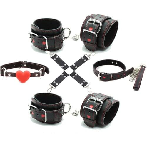 Sex Bondage Slave Set Handcuffs+Ankle Cuffs+Neck Collar Chain +Mouth Gag+Cross BDSM Restraints System Sex Toys For Adults Game