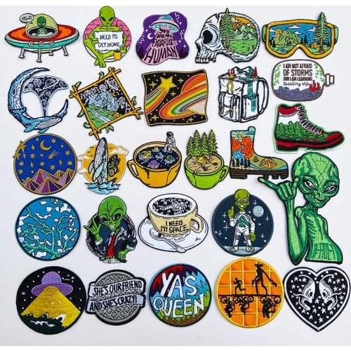 Prajan Space Patch Round Outdoor Badges Alien Embroiderd Patches for Clothing Thermoadhesive Patches Iron On patches On Clothes