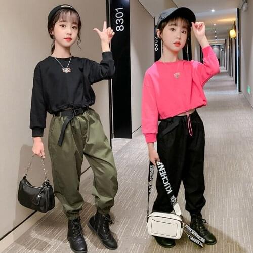 New Spring Kids Sport Clothes Streetwear Sets Childrens Clothing Cotton T-Shirt + Cargo Pants Teenage School Girl Outfits 4-13Y