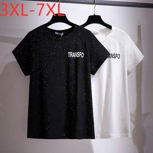 New 2021 Ladies Summer Plus Size Tops For Women Large Short Sleeve Loose Cotton Black White Sequins T-shirt 3XL 4XL 5XL 6XL 7XL