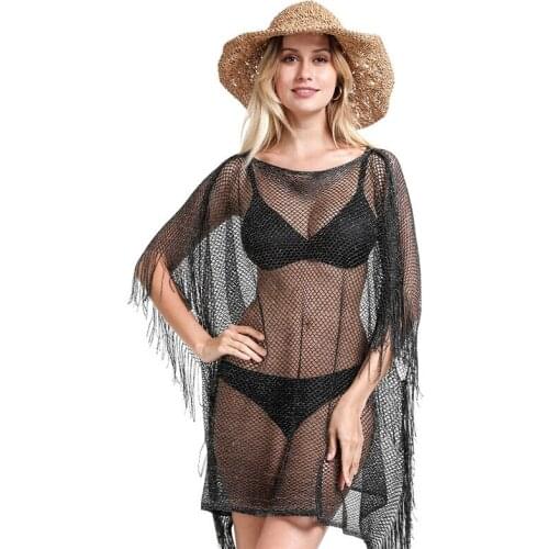 2021 New Womens Sexy Hollow Bright Silk Fringed Beach Dress Fishnet Swim Cover Up Shawl Top Scarf for Travel and Vacation