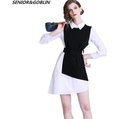 2019 Spring New Women Clothes Two Piece Set White Irregularity Blouse Shirt+Black Vest Dress Plus Size Casual Suits