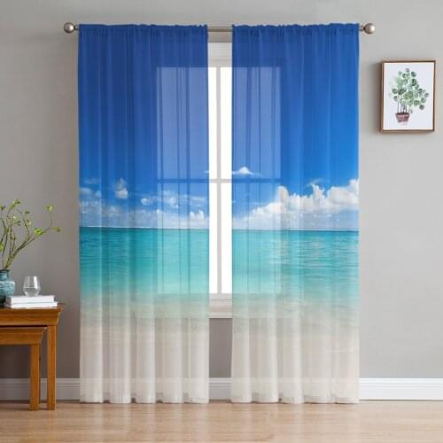 Ocean Beach Landscape Sheer Window Curtains for Living Room Bedroom Girls Room Decoration Tulle Curtains