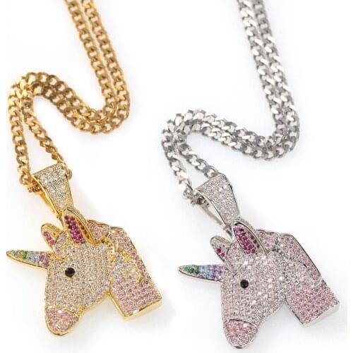 Luxury Unicorn Necklace Ice Out Bling Jewelry Hip Hop Rapper Pendant Cuban Chain