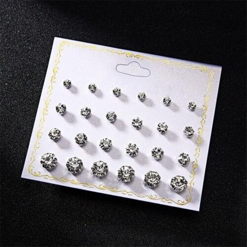 12 Pairs Crystal Earrings Set Simulated Pearl Piercing Ball Stud Earring kit Bijouteria brincos Women Fashion Rhinestone Jewelry