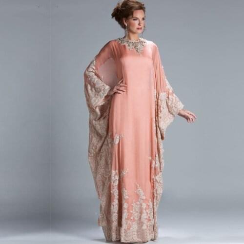 Chiffon Women Evening A Line Floor Length Fashionable Abaya Dubai Long Sleeve Appliques Kaftan Arabic Mother of Bride Dresses
