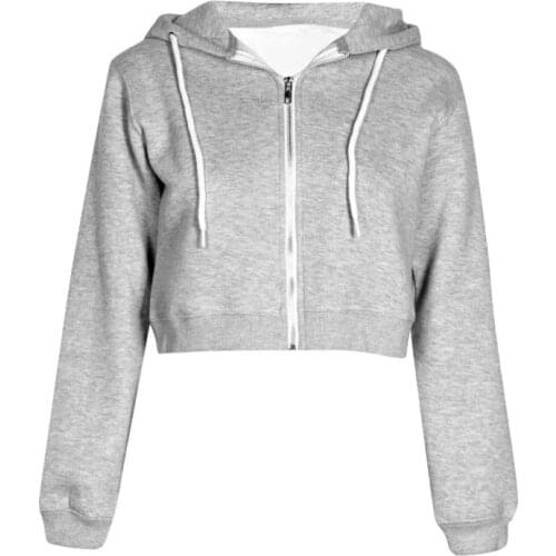 Women Autumn Spring Tops Drawstring Hooded Long Sleeve Hoodie Sweatshirts Zip Up Crop Casual Jacket Zipper Coat Outwear Hot